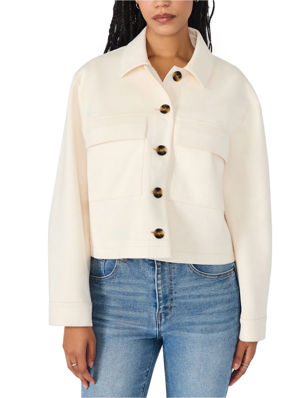 Steve Madden Faux Suede Cream Cropped Button-Front Jean Jacket